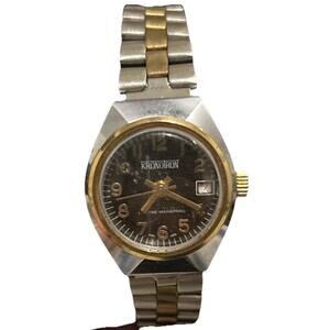 Vintage KronoTron Women’s Mechanical Wind Watch Silver Gold Tone Dial Working